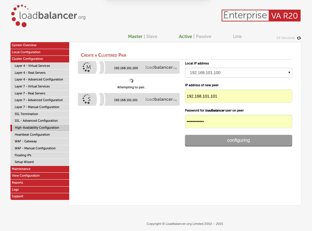 High-Availability pairing in progress screen