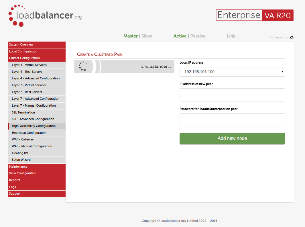 High-Availability initial configuration screen