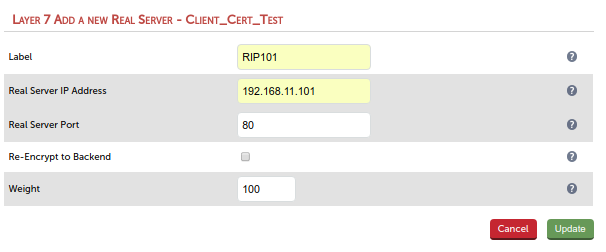 Enter values for real server